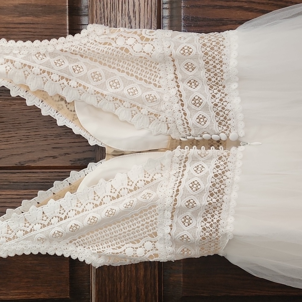 White Lace V-Neck Tulle Dress - Picture 3 of 12